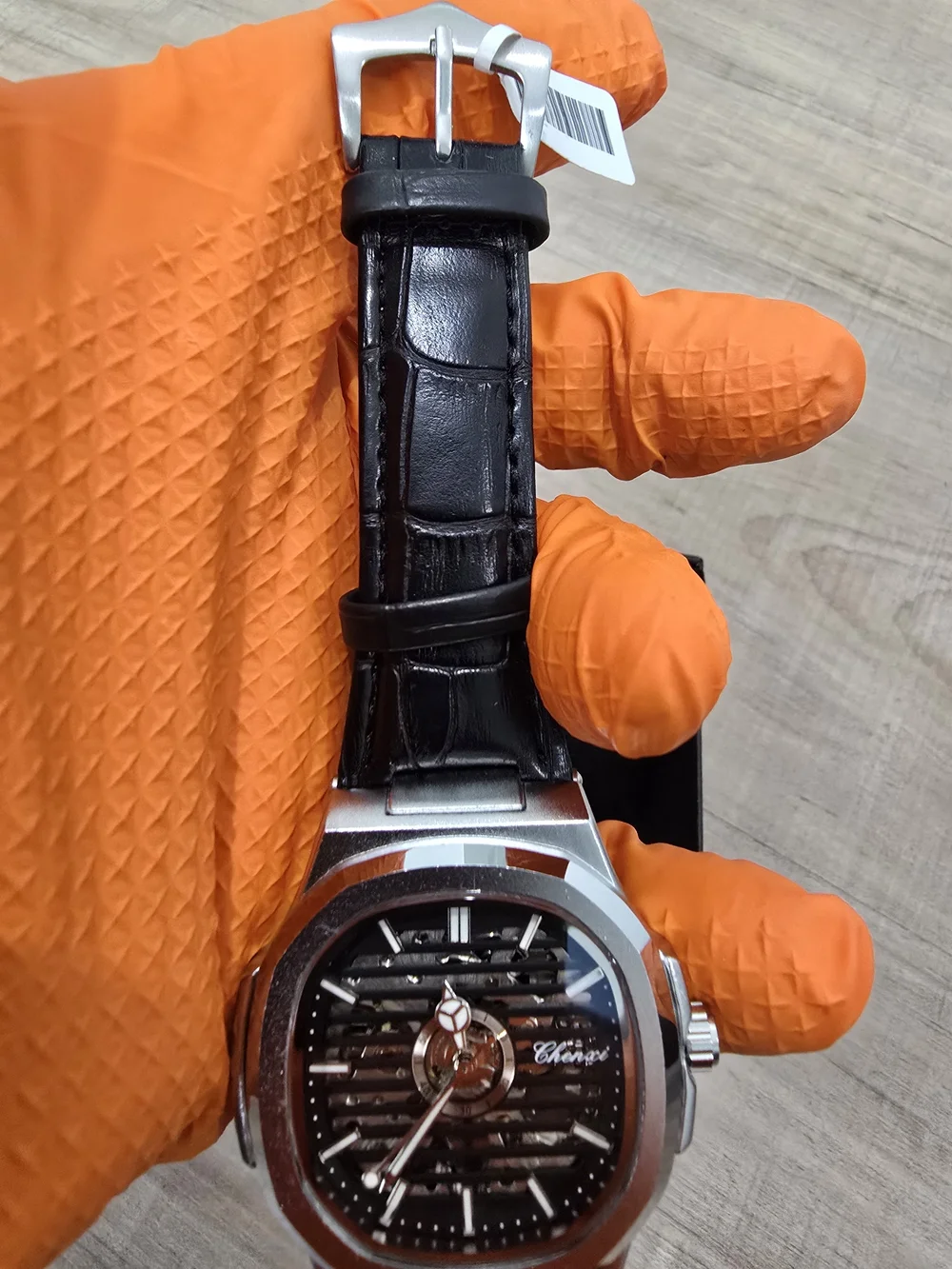 Black Leather Strap Mechanical Wrist Watch - Unbranded